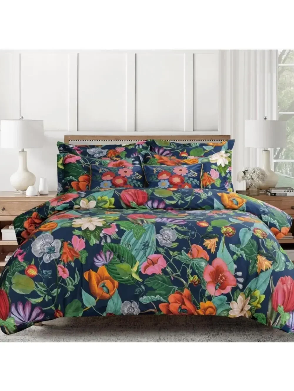 PB Style Floral Print Queen Duvet Sateen Cotton 3Piece Set Navy Blue Pink NWT